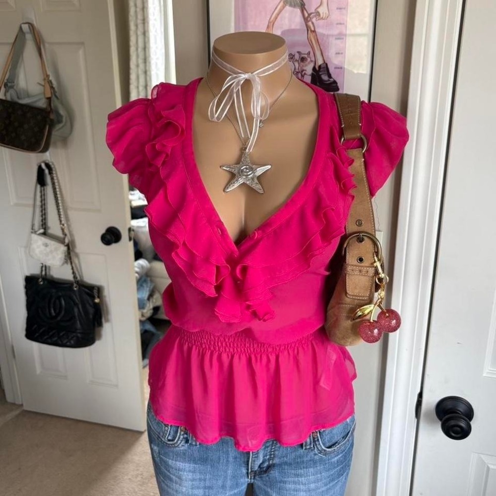 y2k 2000s fairy hot pink sheer ruffle blouse top